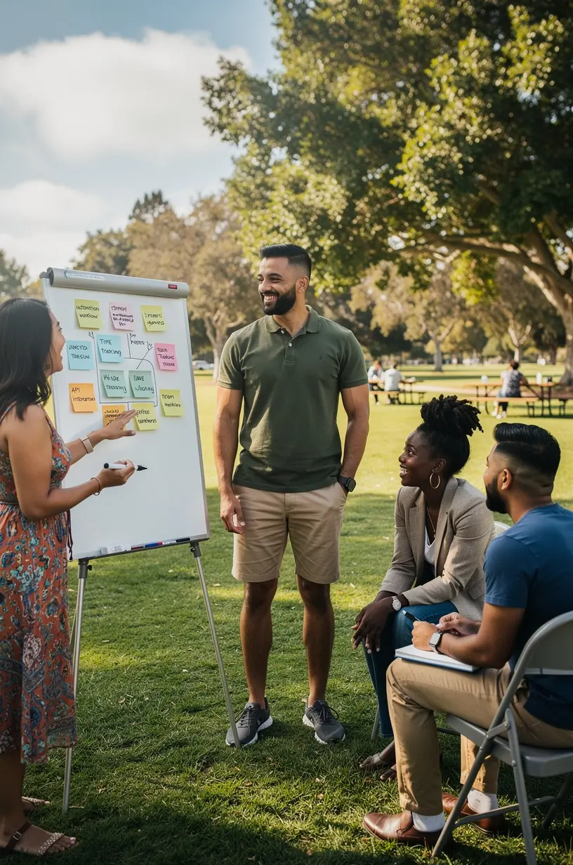 Team of professionals collaborating over data analytics displayed on a large screen in a conference room
